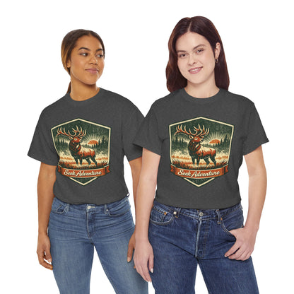 Elk At Dawn Vintage Badge Tee | Seek Adventure Graphic Shirt | Outdoor Nature Gift