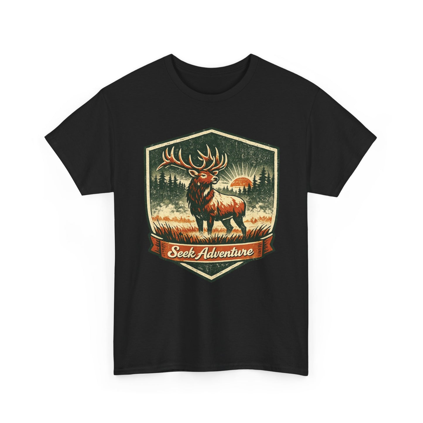 Elk At Dawn Vintage Badge Tee | Seek Adventure Graphic Shirt | Outdoor Nature Gift
