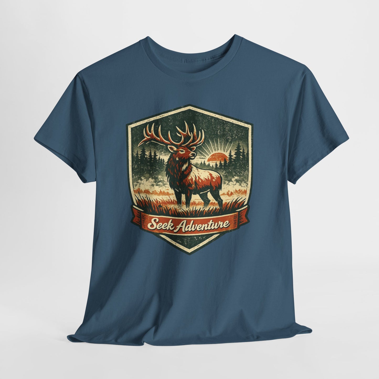 Elk At Dawn Vintage Badge Tee | Seek Adventure Graphic Shirt | Outdoor Nature Gift