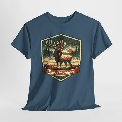 Elk At Dawn Vintage Badge Tee | Seek Adventure Graphic Shirt | Outdoor Nature Gift