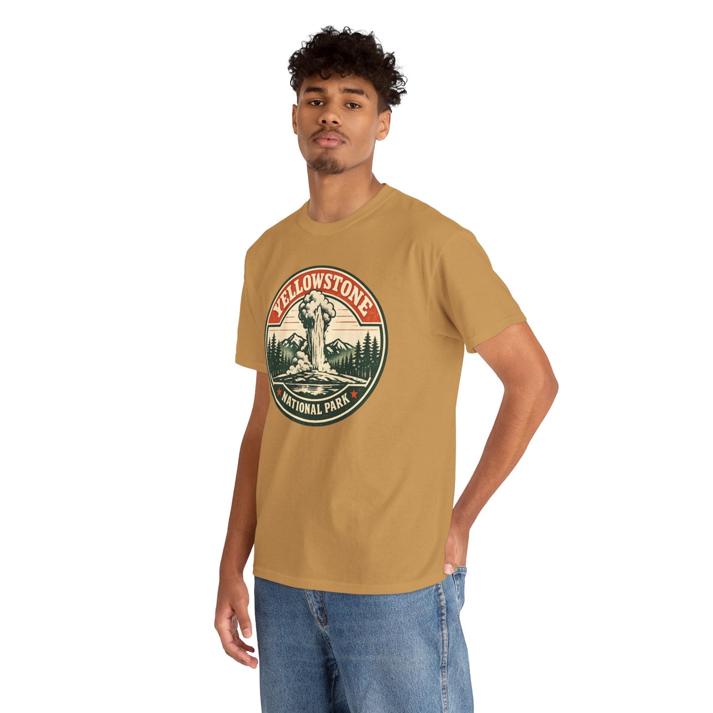 Yellowstone Park Badge Tee | Old Faithful Mountain Pine Trees Retro Circle Design
