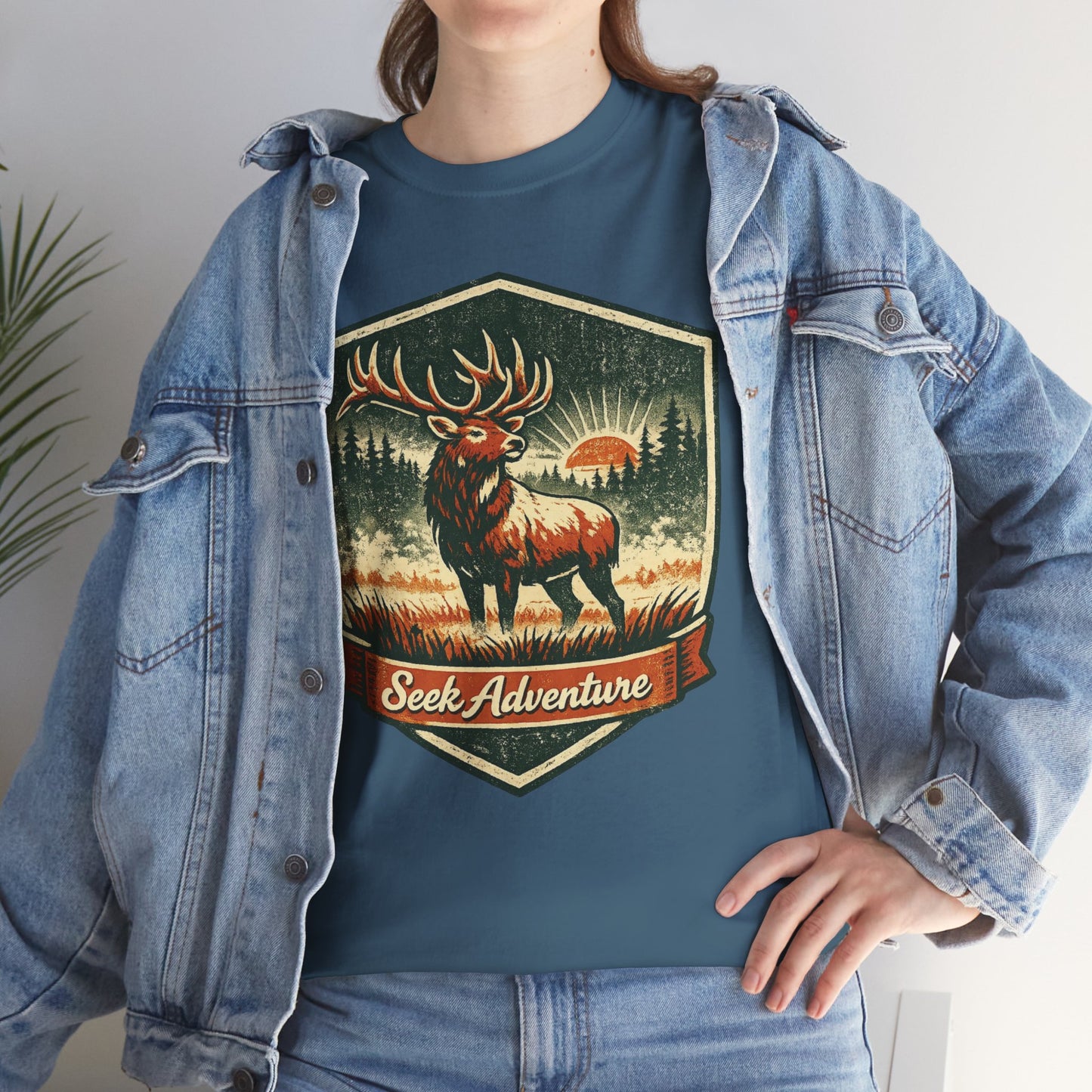 Elk At Dawn Vintage Badge Tee | Seek Adventure Graphic Shirt | Outdoor Nature Gift