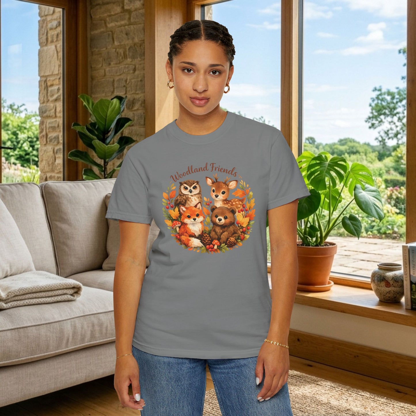 Woodland Friends Badge Watercolor Tee | Fox Bear Deer Owl Shirt | Nature Lover Gift