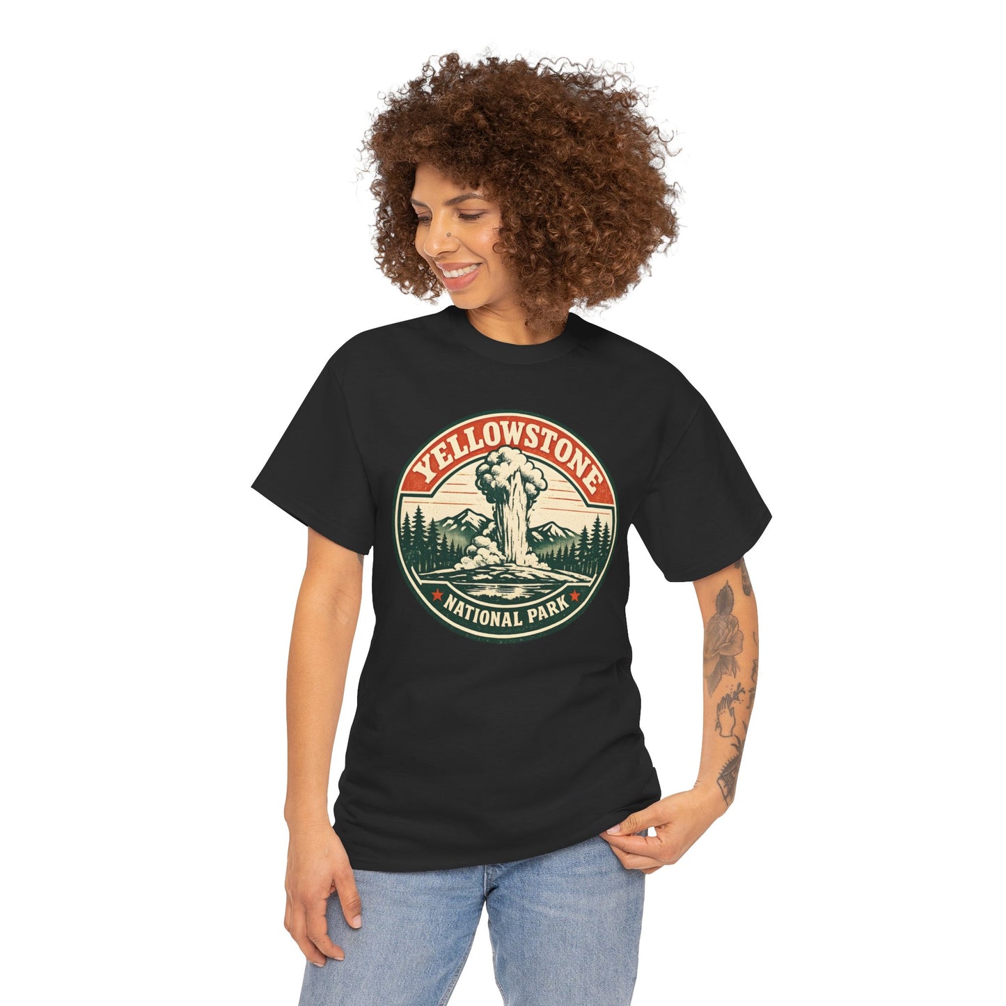 Yellowstone Park Badge Tee | Old Faithful Mountain Pine Trees Retro Circle Design