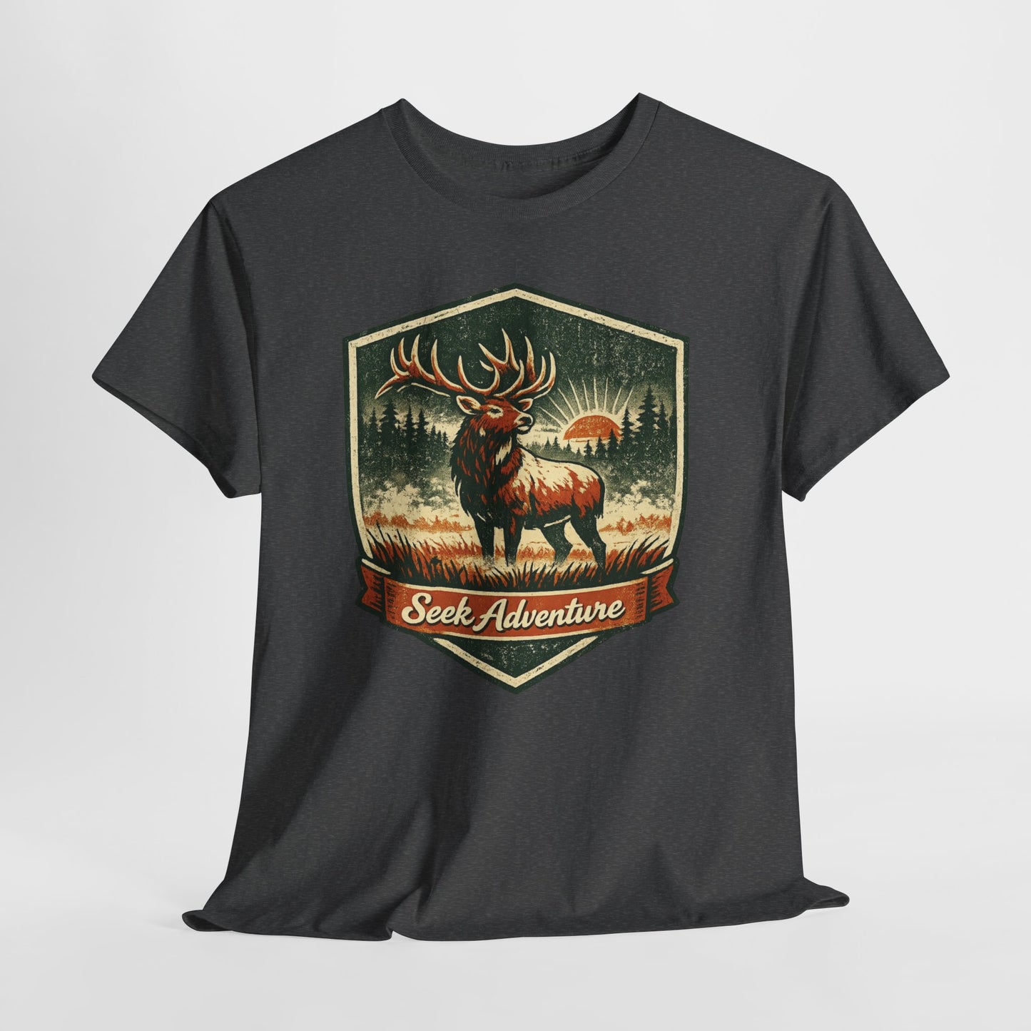 Elk At Dawn Vintage Badge Tee | Seek Adventure Graphic Shirt | Outdoor Nature Gift