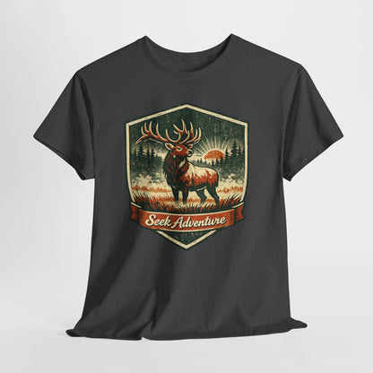 Elk At Dawn Vintage Badge Tee | Seek Adventure Graphic Shirt | Outdoor Nature Gift