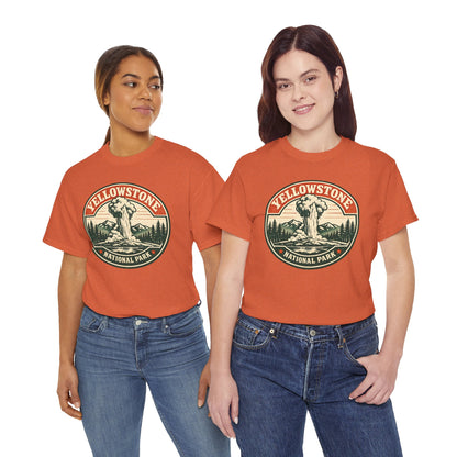 Yellowstone Park Badge Tee | Old Faithful Mountain Pine Trees Retro Circle Design