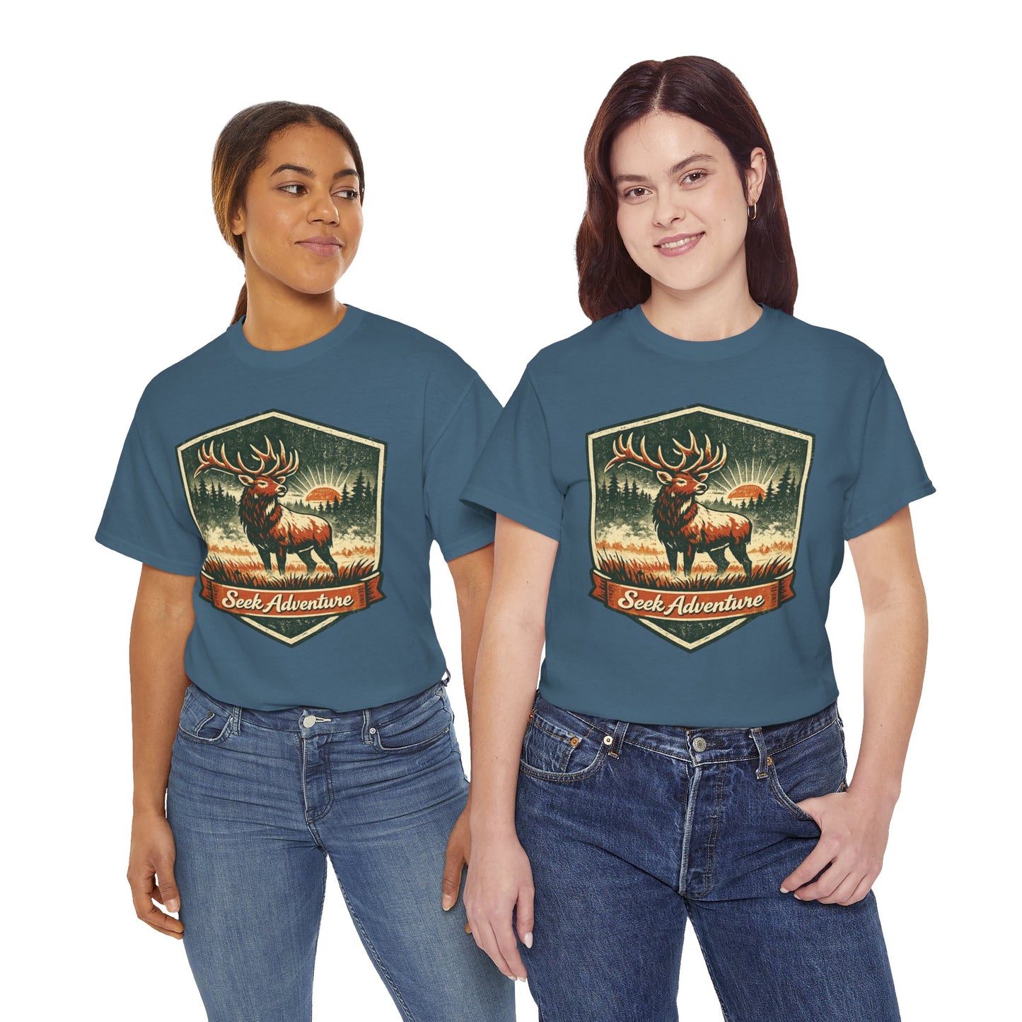 Elk At Dawn Vintage Badge Tee | Seek Adventure Graphic Shirt | Outdoor Nature Gift