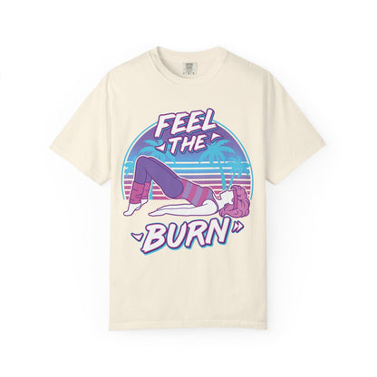 Feel the Burn Retro 80s Glute Thrust Pose Graphic Tee | Vintage Workout Shirt