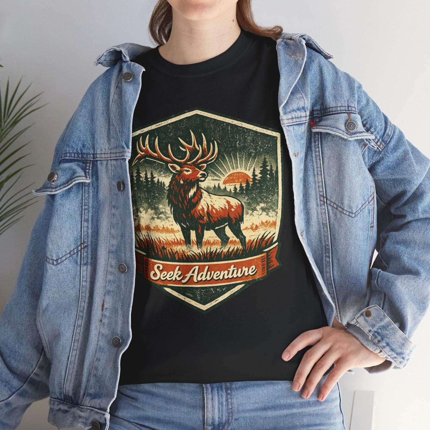 Elk At Dawn Vintage Badge Tee | Seek Adventure Graphic Shirt | Outdoor Nature Gift