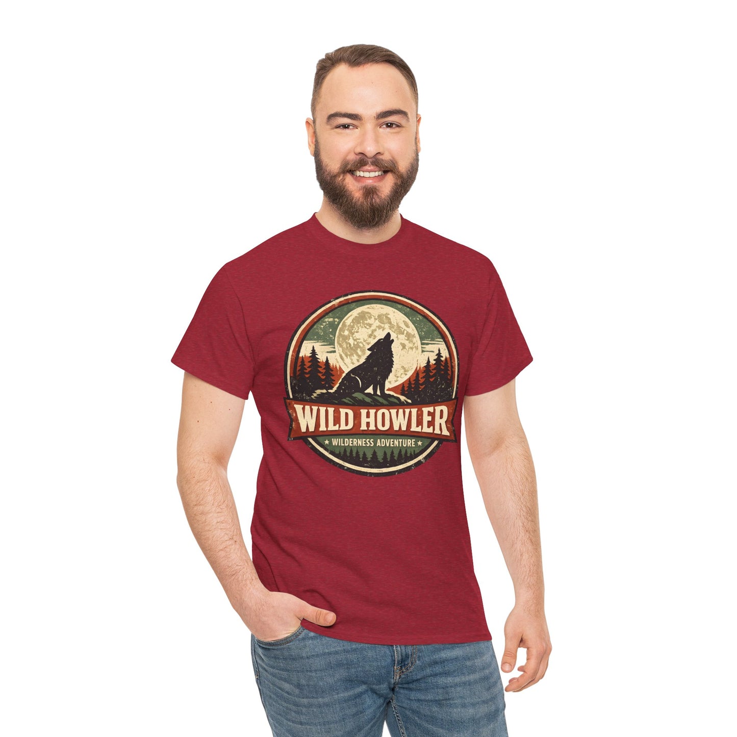 Howling Wolf Vintage Badge Tee | Full Moon Wilderness Shirt | Nature Lover Gift