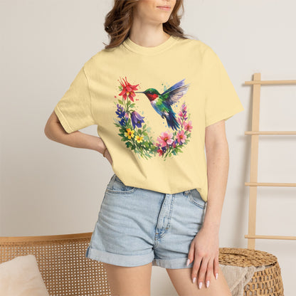 Hummingbird Wildflower Watercolor Tee | Jewel Tone Nature Shirt | Bird Watcher Gift