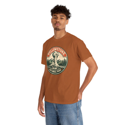 Yellowstone Park Badge Tee | Old Faithful Mountain Pine Trees Retro Circle Design