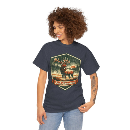 Elk At Dawn Vintage Badge Tee | Seek Adventure Graphic Shirt | Outdoor Nature Gift