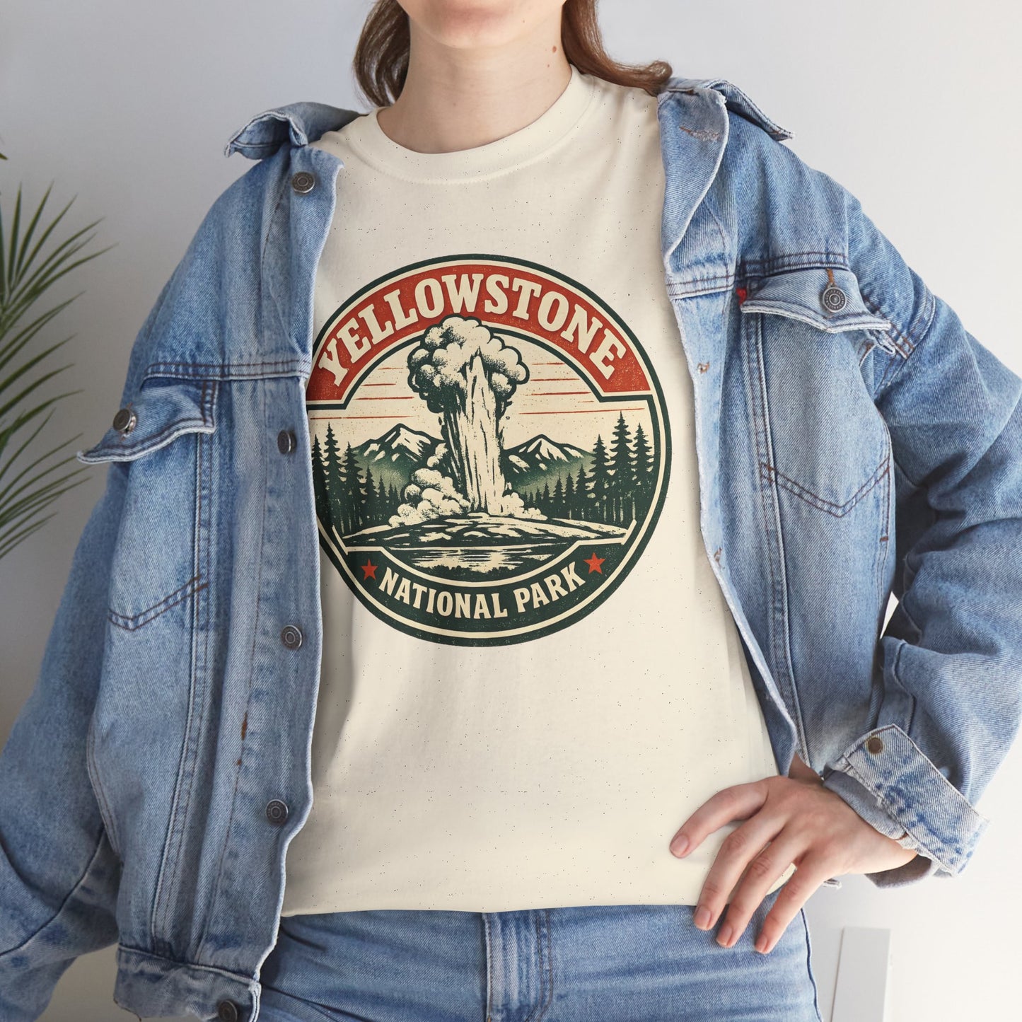 Yellowstone Park Badge Tee | Old Faithful Mountain Pine Trees Retro Circle Design