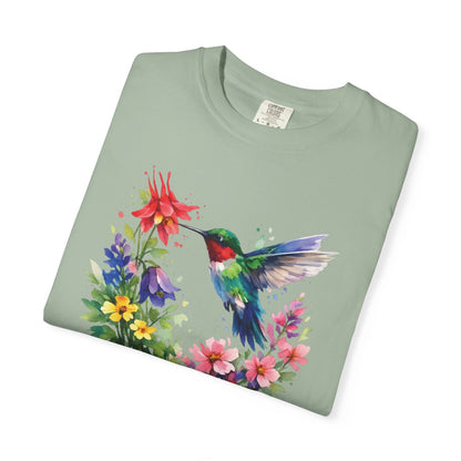 Hummingbird Wildflower Watercolor Tee | Jewel Tone Nature Shirt | Bird Watcher Gift