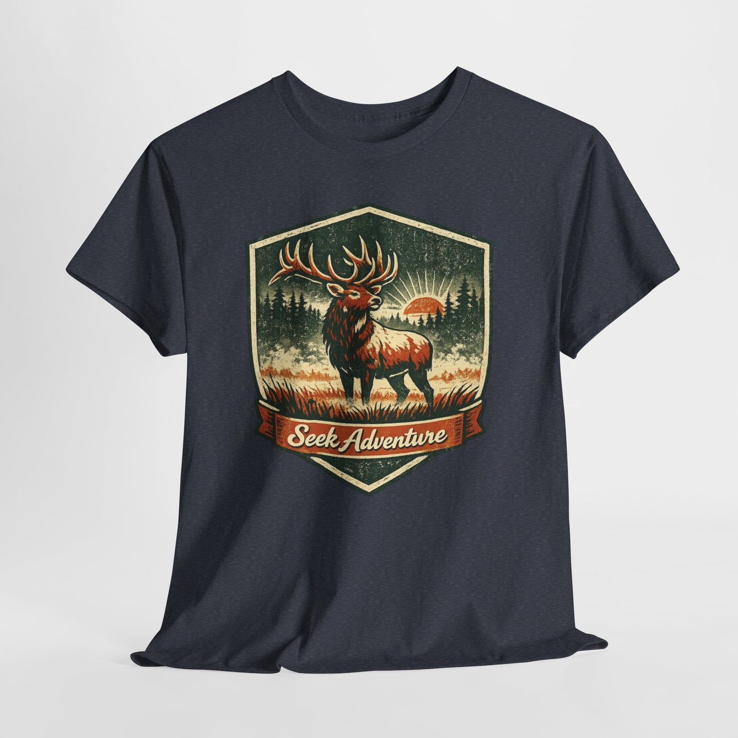 Elk At Dawn Vintage Badge Tee | Seek Adventure Graphic Shirt | Outdoor Nature Gift