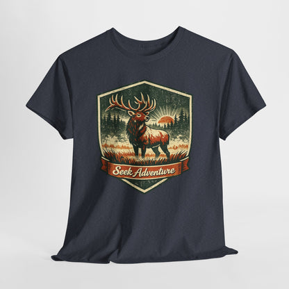 Elk At Dawn Vintage Badge Tee | Seek Adventure Graphic Shirt | Outdoor Nature Gift