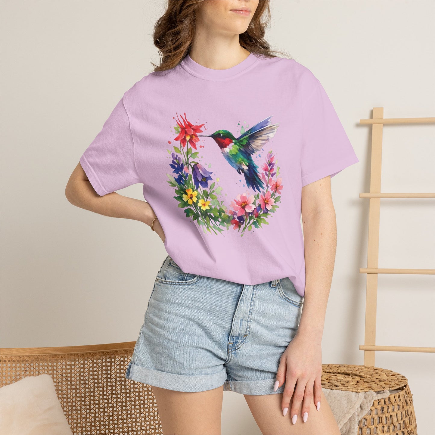Hummingbird Wildflower Watercolor Tee | Jewel Tone Nature Shirt | Bird Watcher Gift