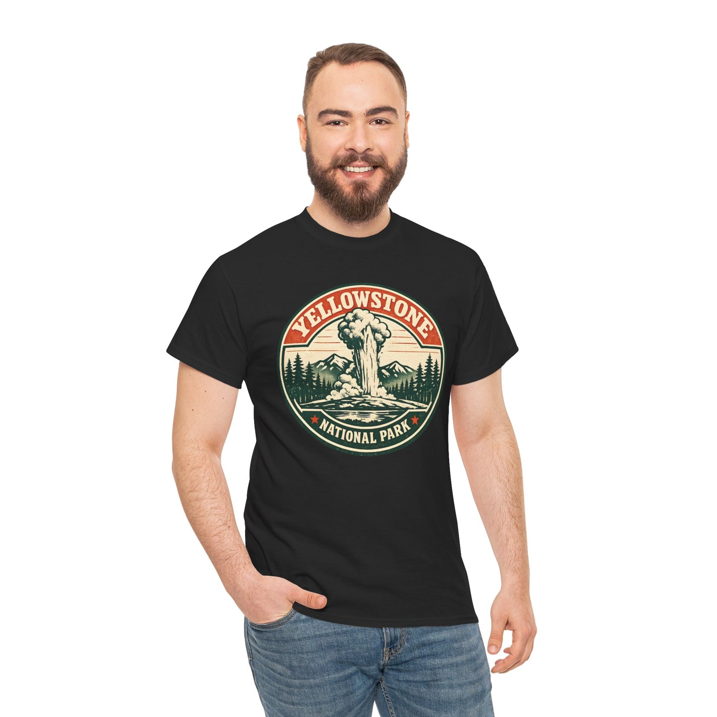 Yellowstone Park Badge Tee | Old Faithful Mountain Pine Trees Retro Circle Design