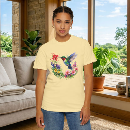 Hummingbird Wildflower Watercolor Tee | Jewel Tone Nature Shirt | Bird Watcher Gift