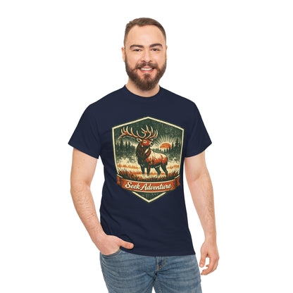 Elk At Dawn Vintage Badge Tee | Seek Adventure Graphic Shirt | Outdoor Nature Gift