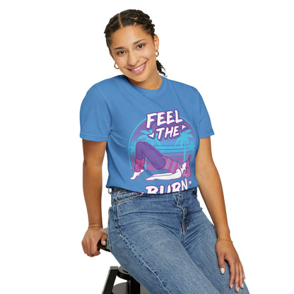 Feel the Burn Retro 80s Glute Thrust Pose Graphic Tee | Vintage Workout Shirt