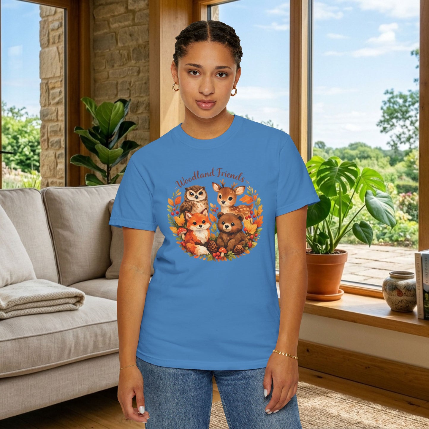 Woodland Friends Badge Watercolor Tee | Fox Bear Deer Owl Shirt | Nature Lover Gift