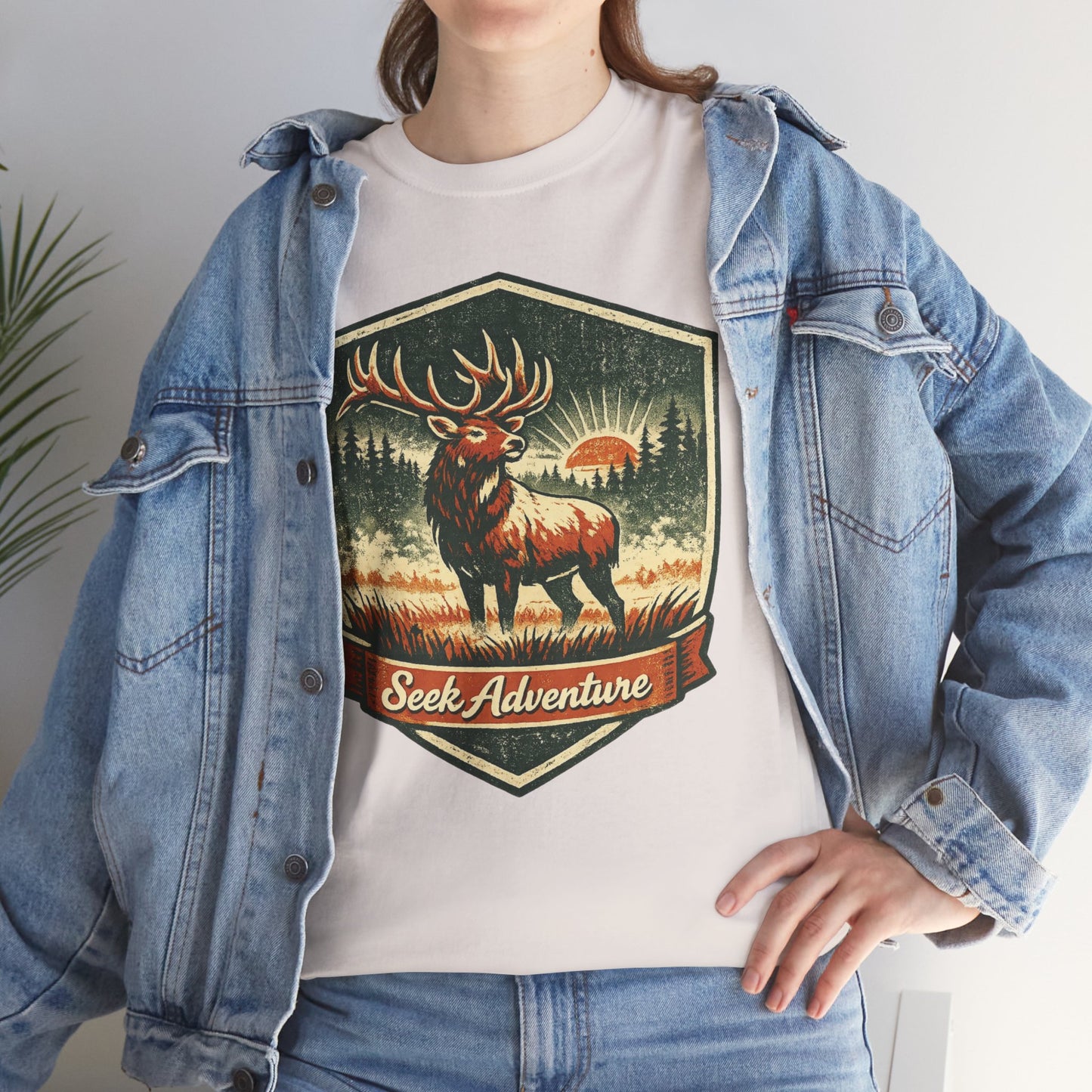 Elk At Dawn Vintage Badge Tee | Seek Adventure Graphic Shirt | Outdoor Nature Gift