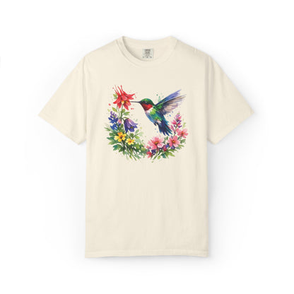 Hummingbird Wildflower Watercolor Tee | Jewel Tone Nature Shirt | Bird Watcher Gift