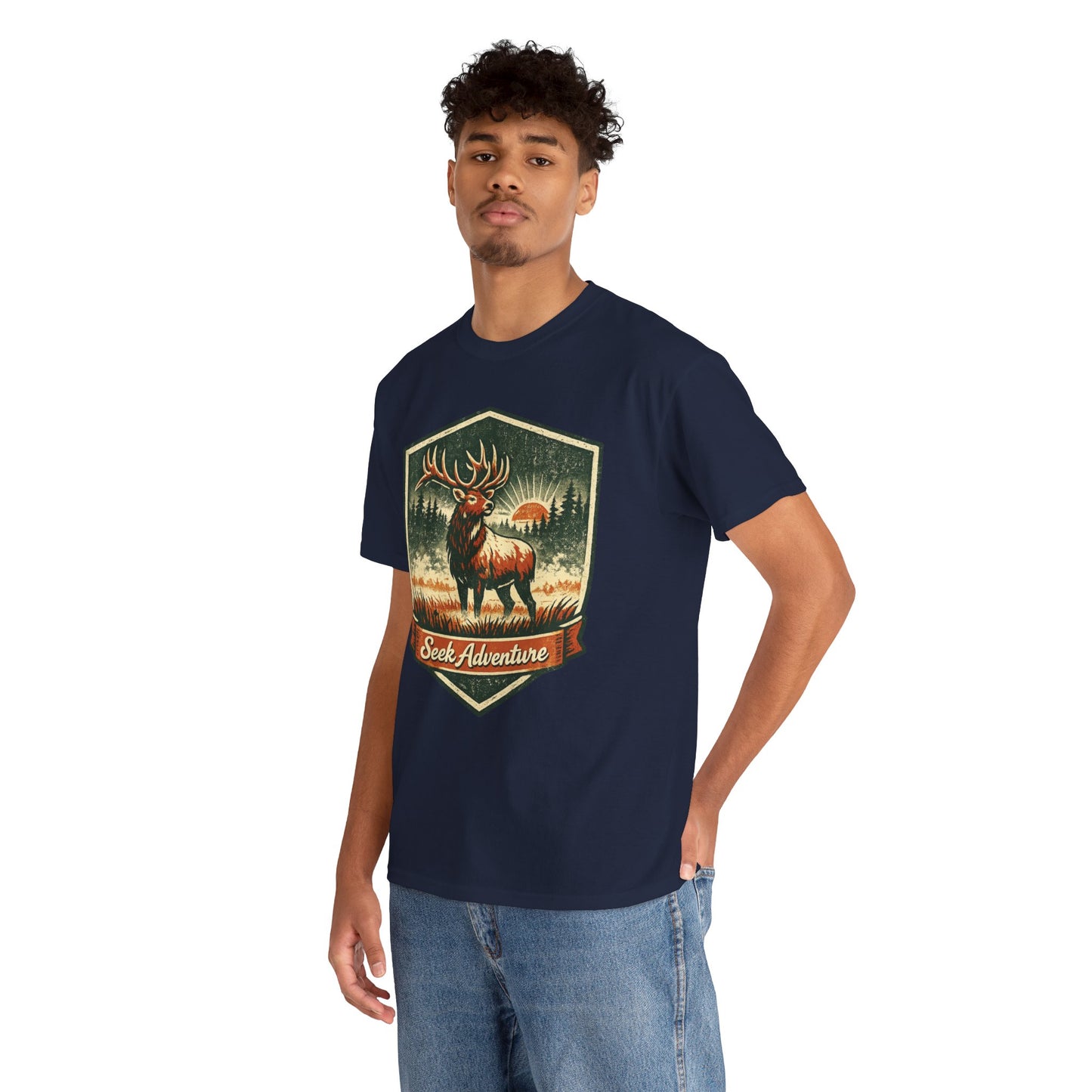 Elk At Dawn Vintage Badge Tee | Seek Adventure Graphic Shirt | Outdoor Nature Gift