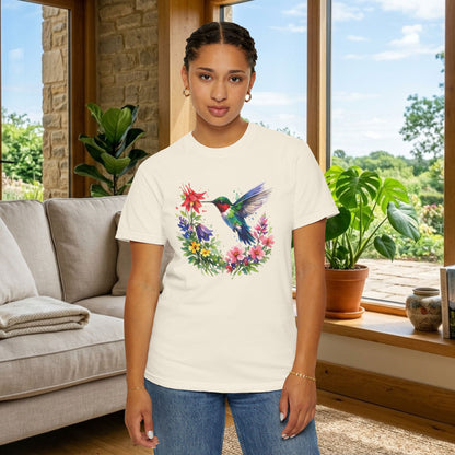 Hummingbird Wildflower Watercolor Tee | Jewel Tone Nature Shirt | Bird Watcher Gift
