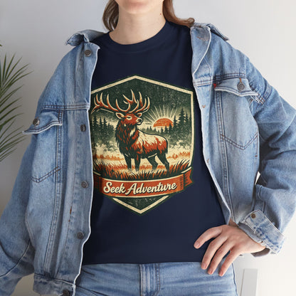 Elk At Dawn Vintage Badge Tee | Seek Adventure Graphic Shirt | Outdoor Nature Gift