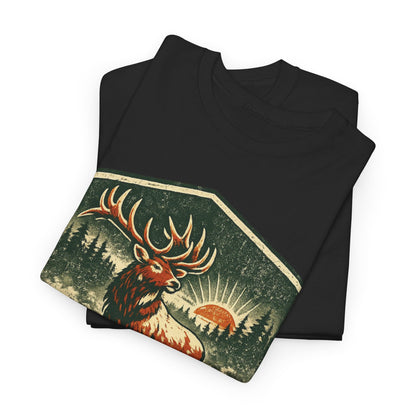 Elk At Dawn Vintage Badge Tee | Seek Adventure Graphic Shirt | Outdoor Nature Gift