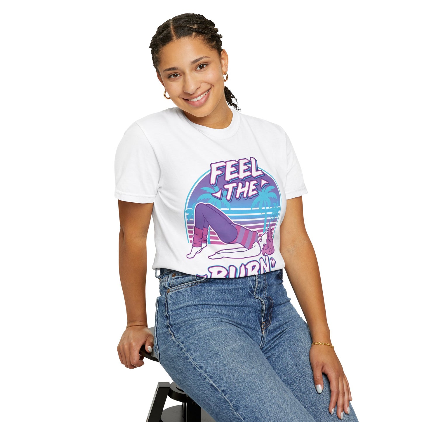 Feel the Burn Retro 80s Glute Thrust Pose Graphic Tee | Vintage Workout Shirt