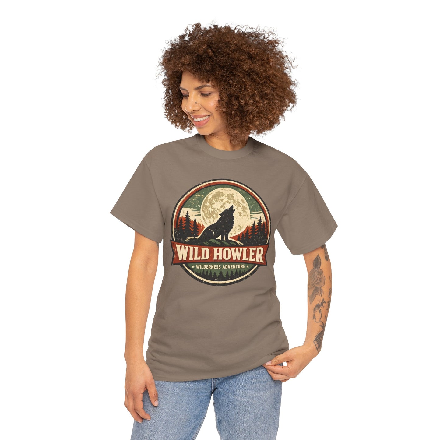 Howling Wolf Vintage Badge Tee | Full Moon Wilderness Shirt | Nature Lover Gift