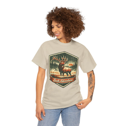 Elk At Dawn Vintage Badge Tee | Seek Adventure Graphic Shirt | Outdoor Nature Gift