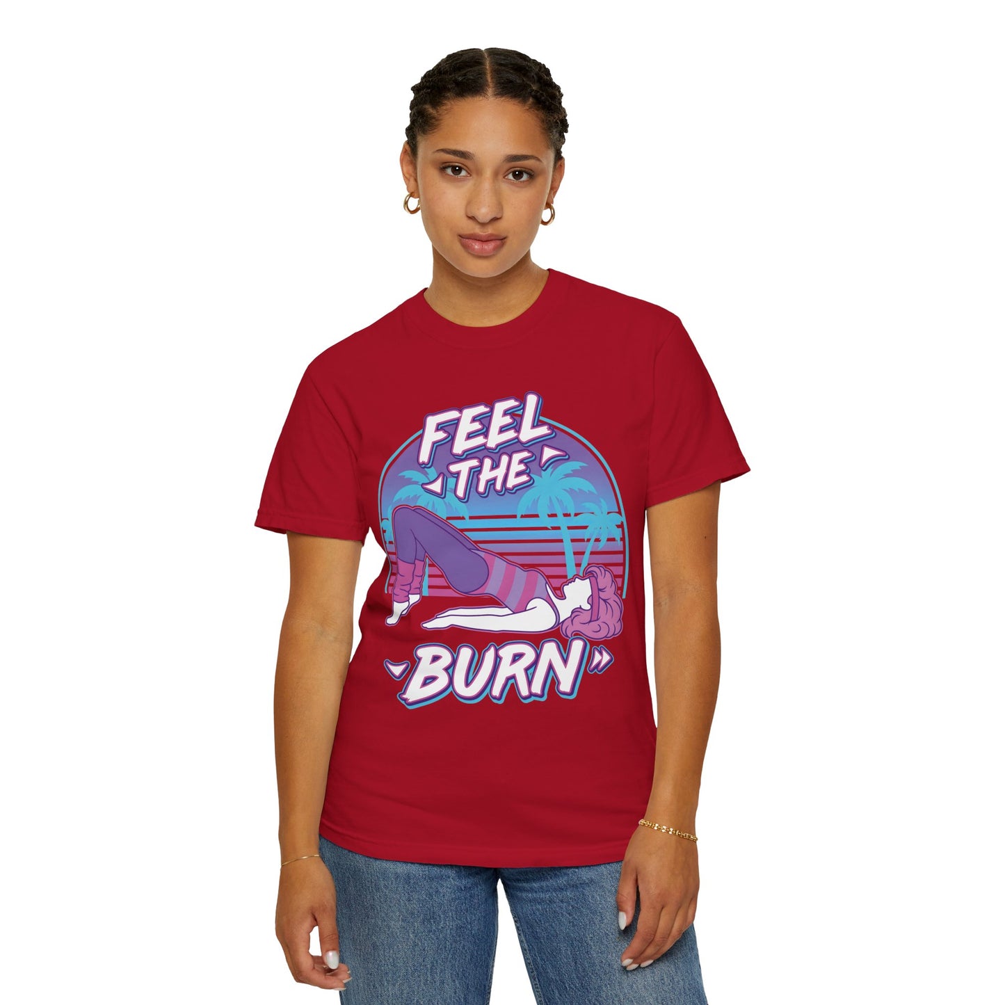 Feel the Burn Retro 80s Glute Thrust Pose Graphic Tee | Vintage Workout Shirt