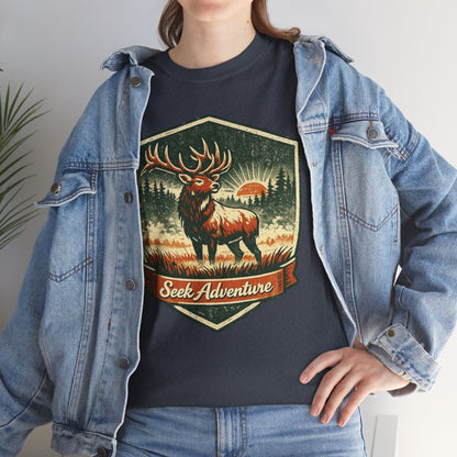 Elk At Dawn Vintage Badge Tee | Seek Adventure Graphic Shirt | Outdoor Nature Gift