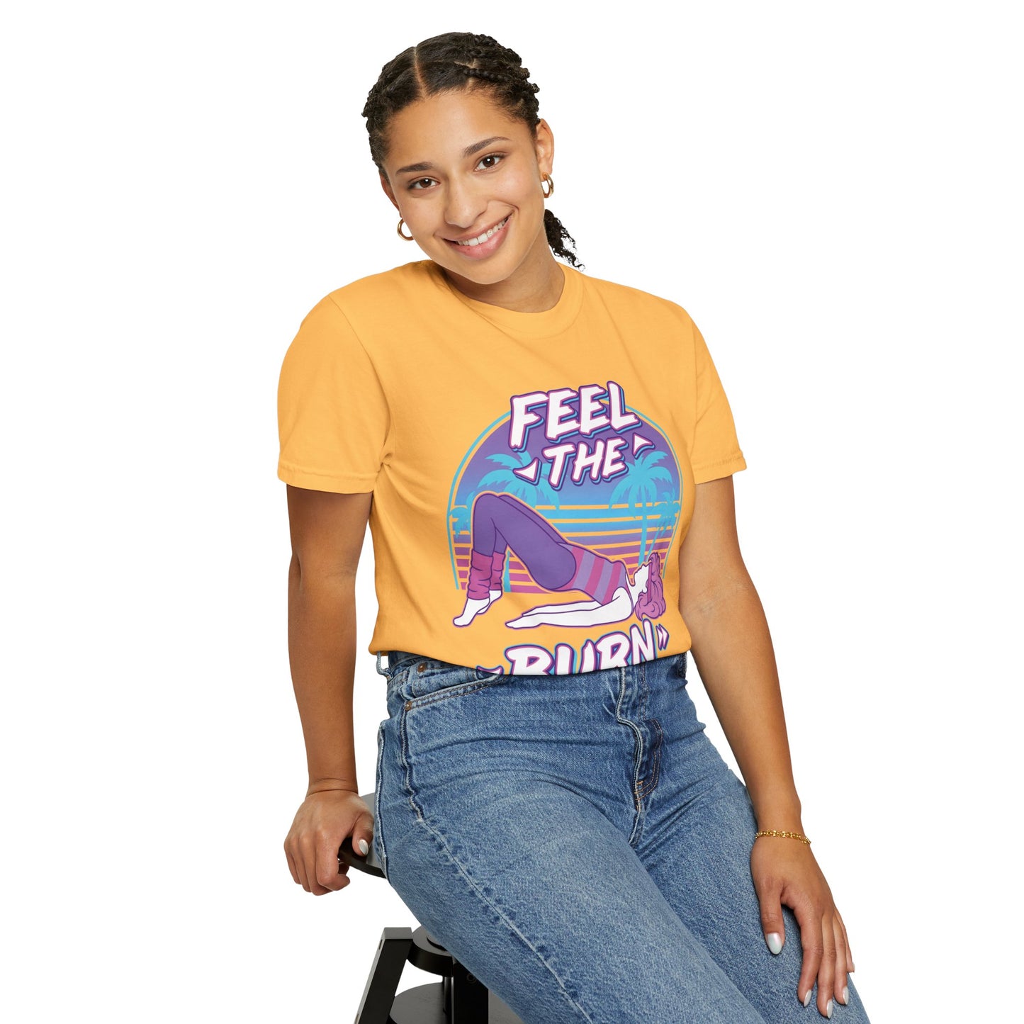 Feel the Burn Retro 80s Glute Thrust Pose Graphic Tee | Vintage Workout Shirt