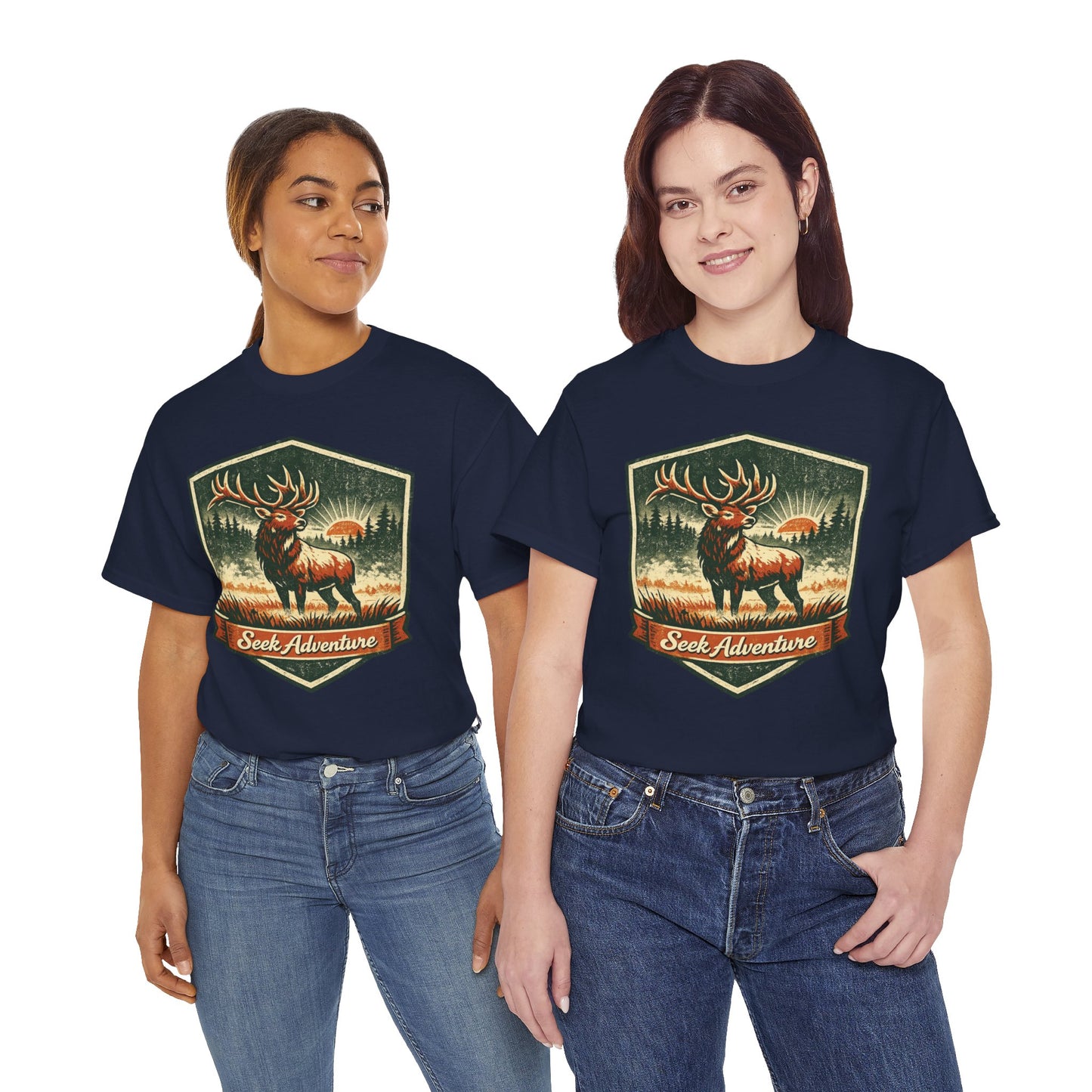 Elk At Dawn Vintage Badge Tee | Seek Adventure Graphic Shirt | Outdoor Nature Gift