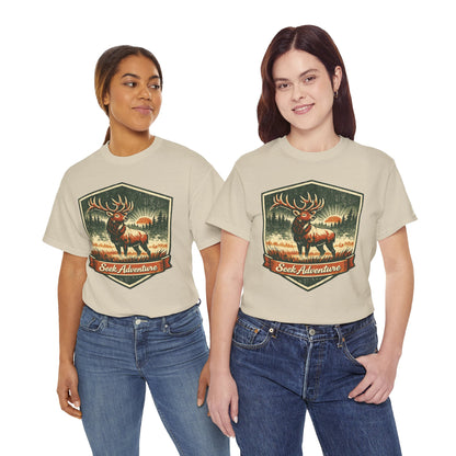 Elk At Dawn Vintage Badge Tee | Seek Adventure Graphic Shirt | Outdoor Nature Gift