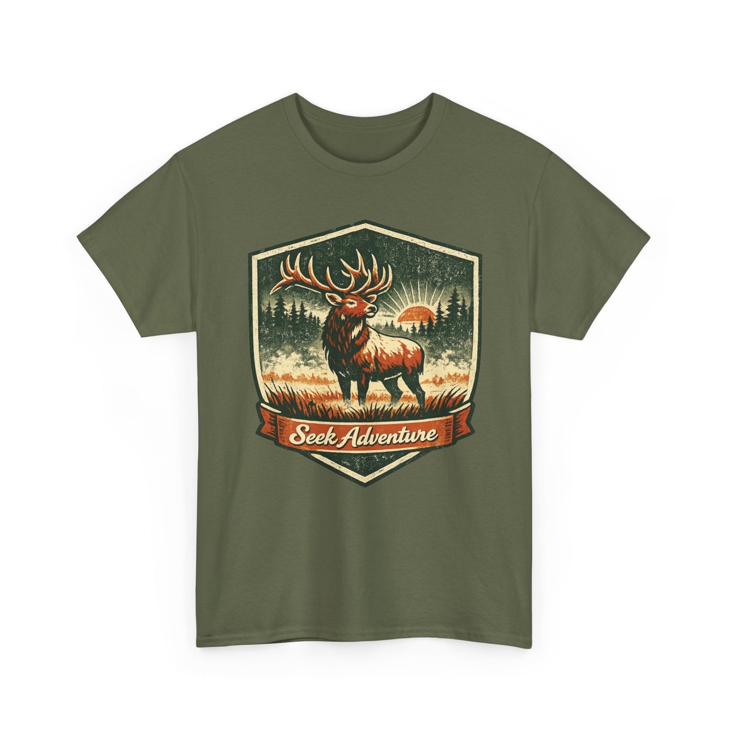 Elk At Dawn Vintage Badge Tee | Seek Adventure Graphic Shirt | Outdoor Nature Gift