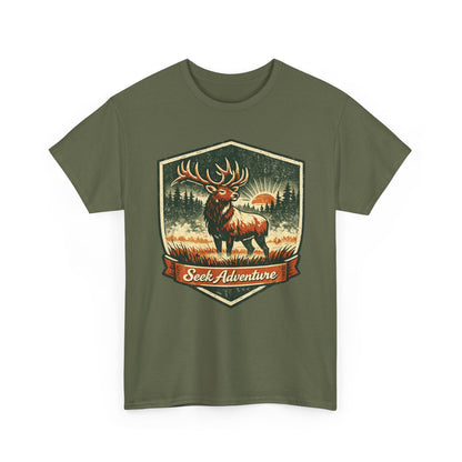 Elk At Dawn Vintage Badge Tee | Seek Adventure Graphic Shirt | Outdoor Nature Gift