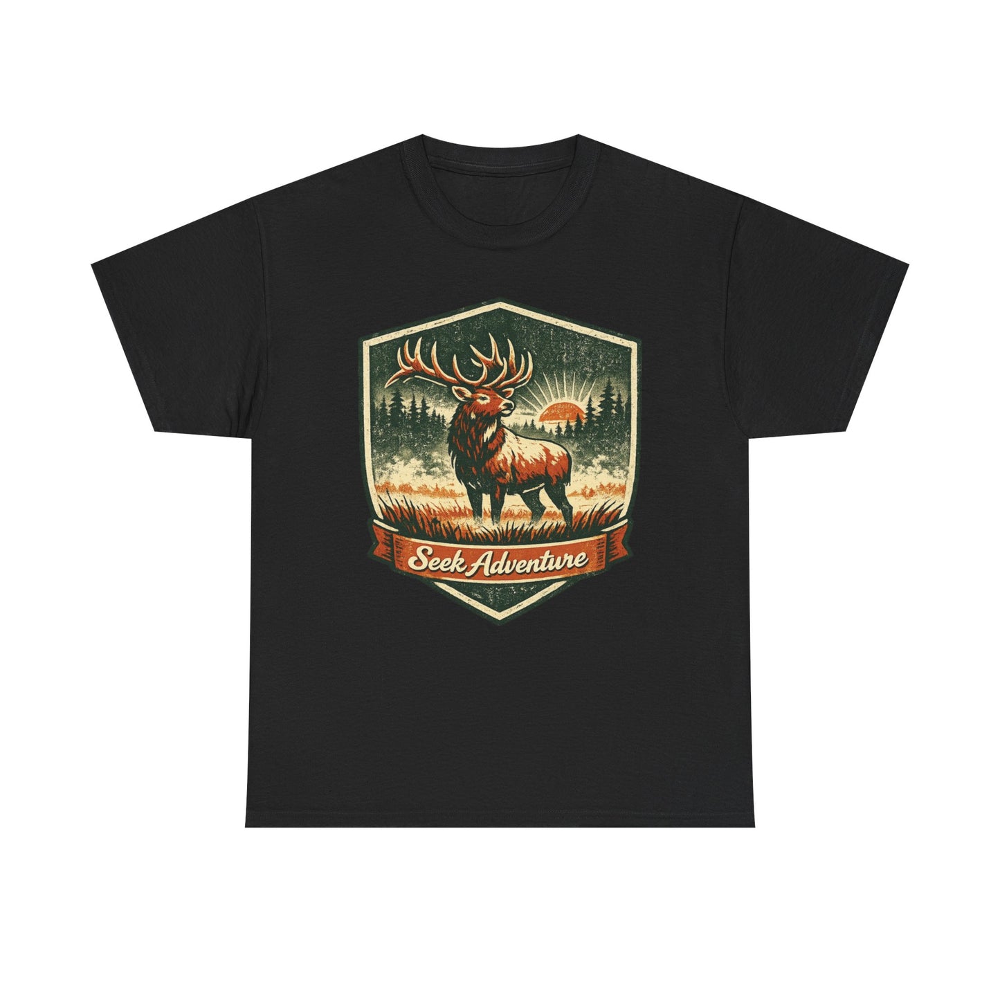Elk At Dawn Vintage Badge Tee | Seek Adventure Graphic Shirt | Outdoor Nature Gift