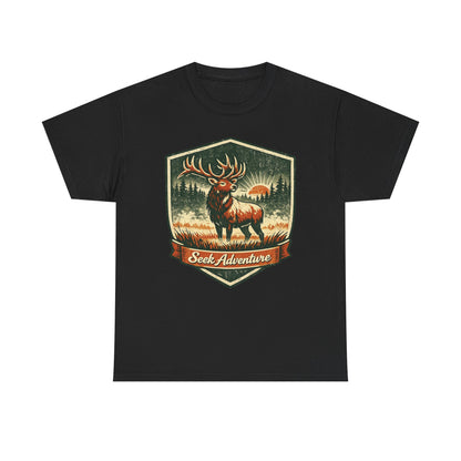 Elk At Dawn Vintage Badge Tee | Seek Adventure Graphic Shirt | Outdoor Nature Gift
