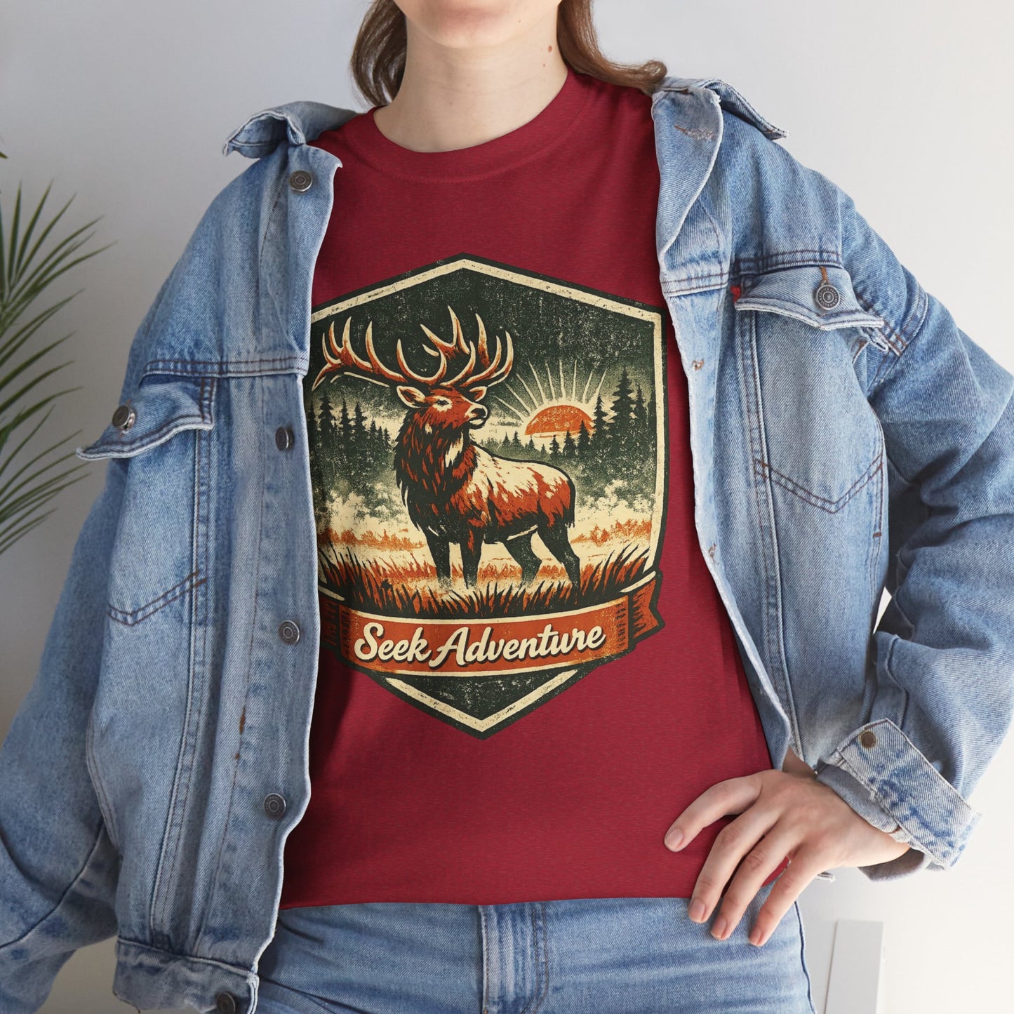 Elk At Dawn Vintage Badge Tee | Seek Adventure Graphic Shirt | Outdoor Nature Gift