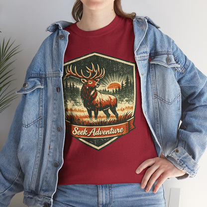 Elk At Dawn Vintage Badge Tee | Seek Adventure Graphic Shirt | Outdoor Nature Gift