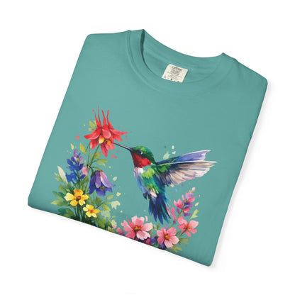 Hummingbird Wildflower Watercolor Tee | Jewel Tone Nature Shirt | Bird Watcher Gift