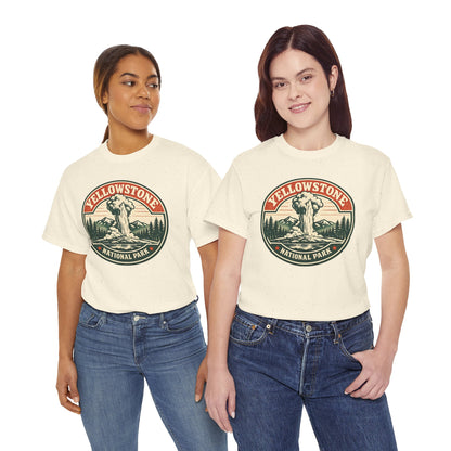 Yellowstone Park Badge Tee | Old Faithful Mountain Pine Trees Retro Circle Design